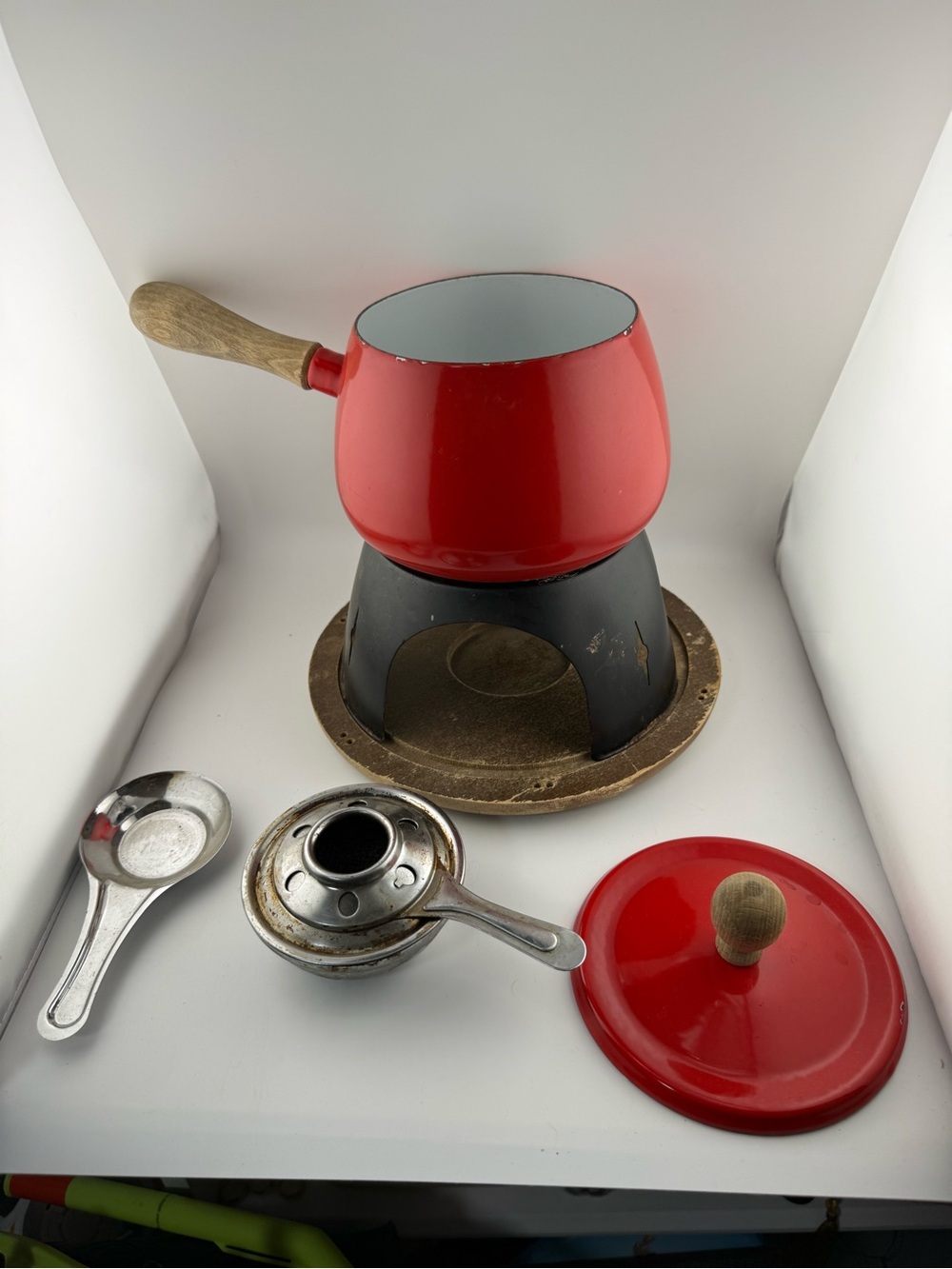 Vintage mid-century modern enamel fondue set